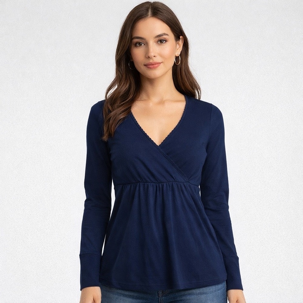 Hollister Y2K Navy‎ Blue Babydoll Long Sleeve Ribbed Wrap Top Women L Elena NWT